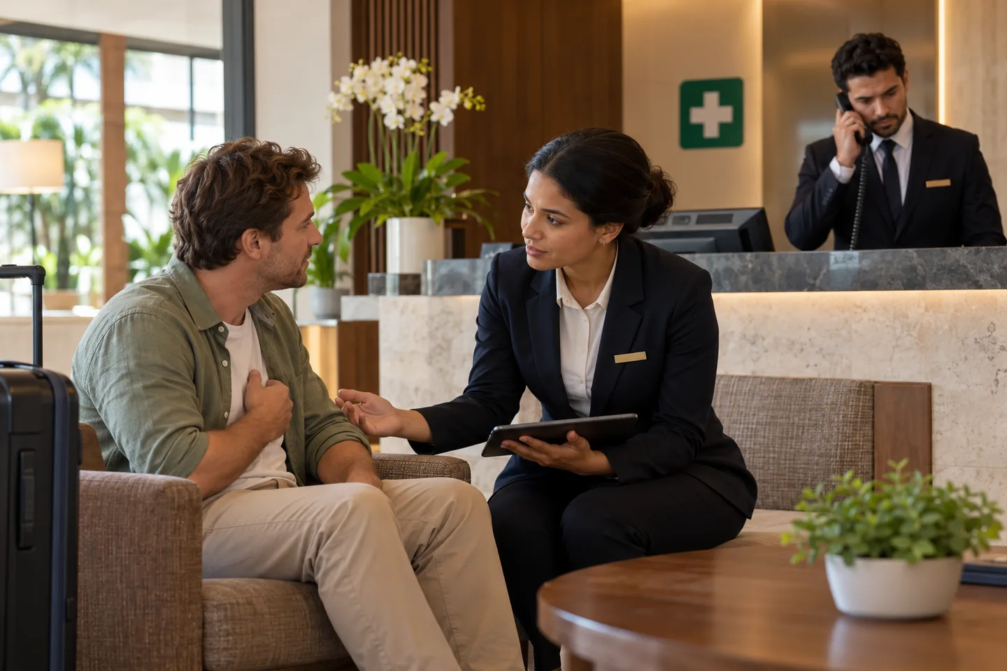 Recepcionista de hotel orientando turista enquanto colega aciona atendimento de emergência