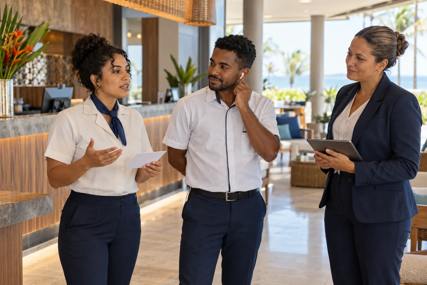 Equipe de hotelaria treinando um roteiro de atendimento bilíngue com áudio e checklist em um lobby