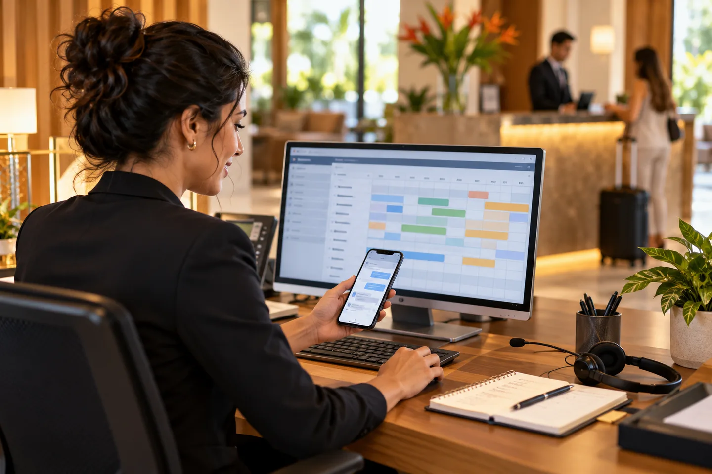 Profissional de reservas de hotel conferindo calendário e mensagem em um computador
